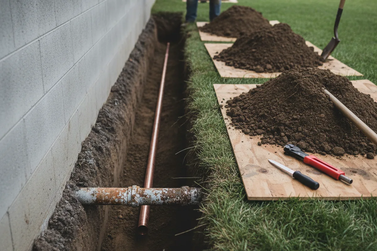 Excavated water line trench during Water Softener Installation in Strawn